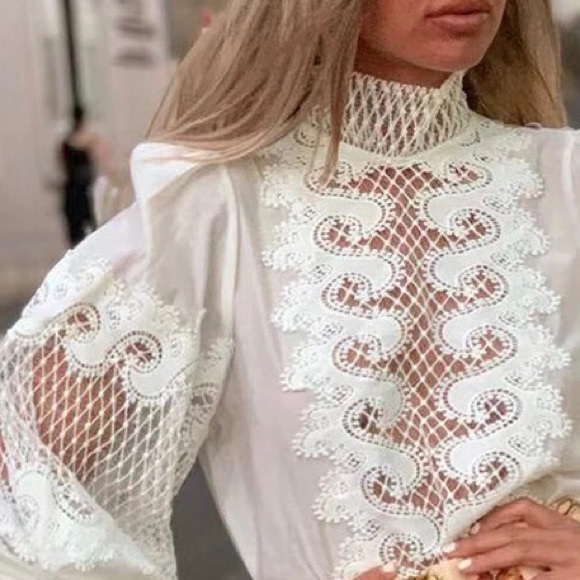 Lucie Lace Embroidered Silky Lantern Sleeve Blouse - Picture 5 of 6